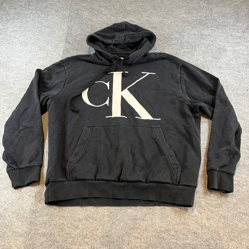 Calvin Klein Mens Hoodie Black CK Logo Pullover Streetwear M Monogram Fleece